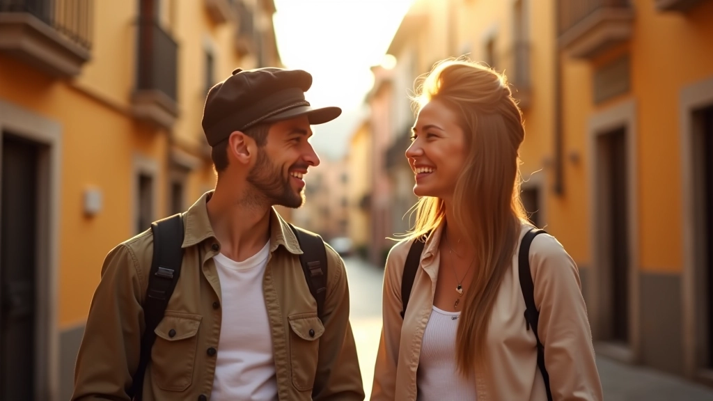 Dva cestovatelé se smějí v malém španělském městě, slunečný den, radostná atmosféra