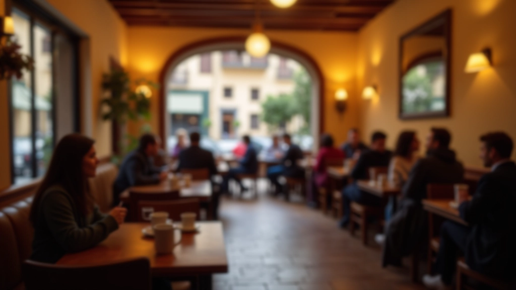 Místnost kavárny s hosty, teplé osvětlení, tradiční design
