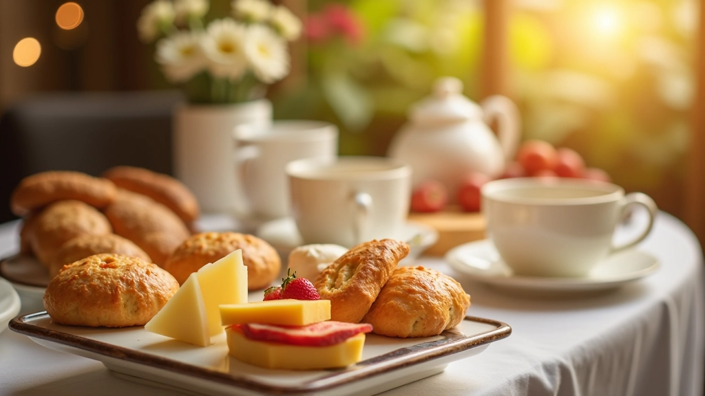 Bohatý hotelový bufet se snídaní s chlebem, sýrem, ovocem a nápoji