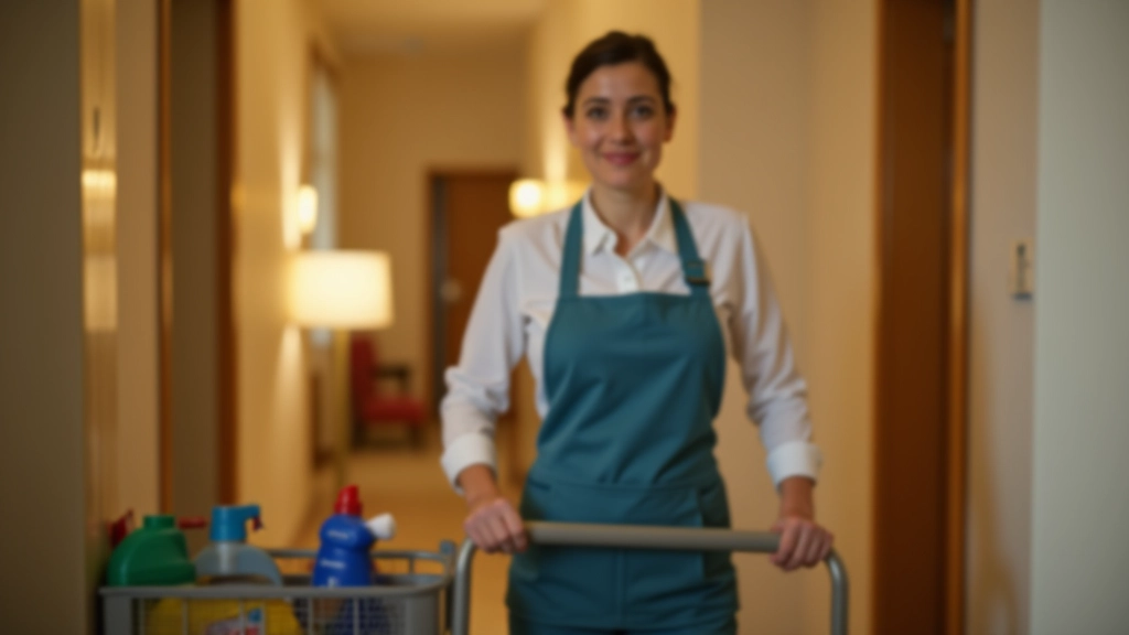 Pokojská s vozíkem s čistícím vybavením a čistými ručníky na chodbě hotelu