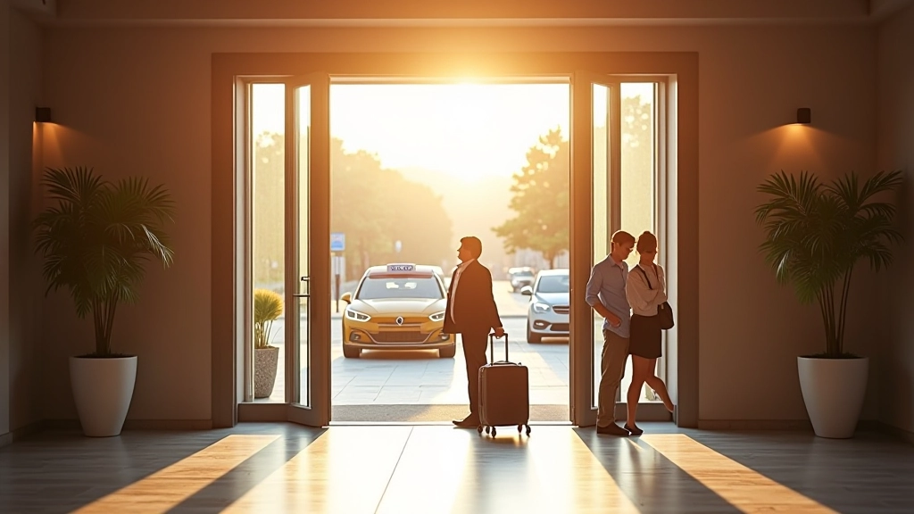 Hosté odjíždějící z hotelu s zavazadly u vchodu, taxík čeká venku