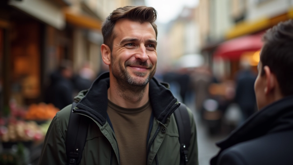 Muž se ptá na cestu od místního, pouliční mapa v pozadí