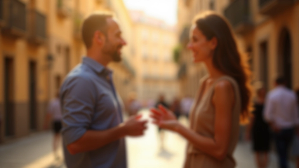 Muž a žena si podávají ruku na ulici v Barceloně, v pozadí historické budovy