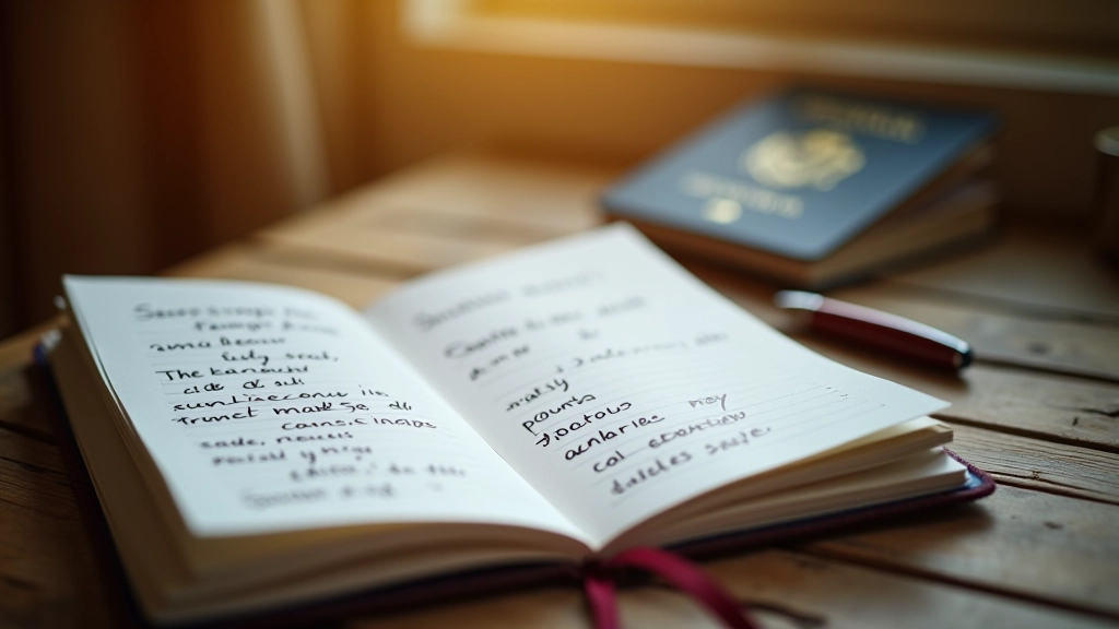 Notebook s psanými frázemi vedle cestovního průkazu a mapy