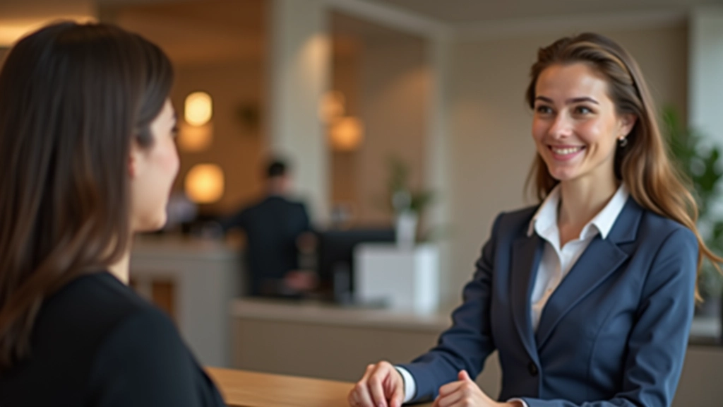 Recepční v hotelu mluvící s hostem u přepážky