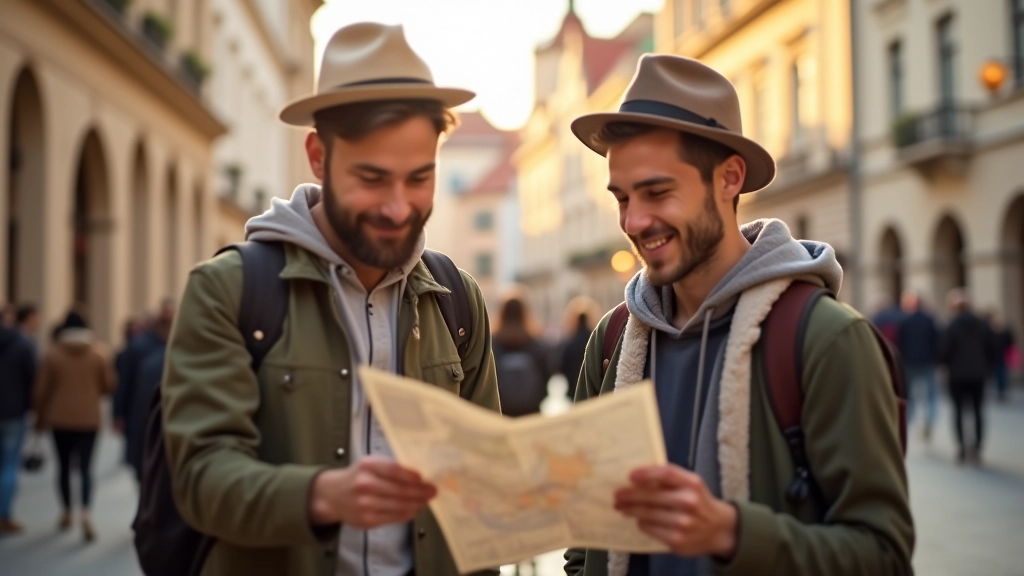 Skupinka cestovatelů zkoumá papírovou mapu v historickém středo městě