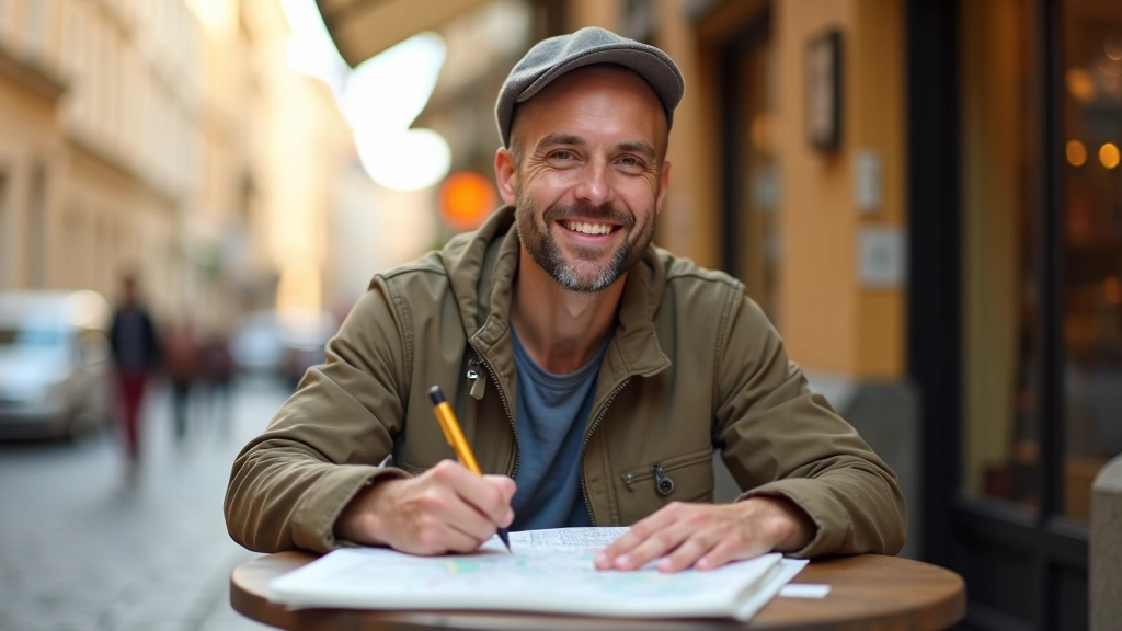 Cestovatel se mapu a poznámkami v kavárně, cestovní průvodce a telefon na stole