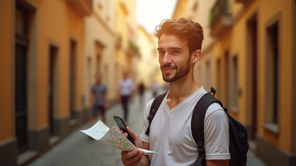 Cestovatel drží mobilní telefon s mapou otevřenou a papírovou mapou, hledá správný směr v historické ulici
