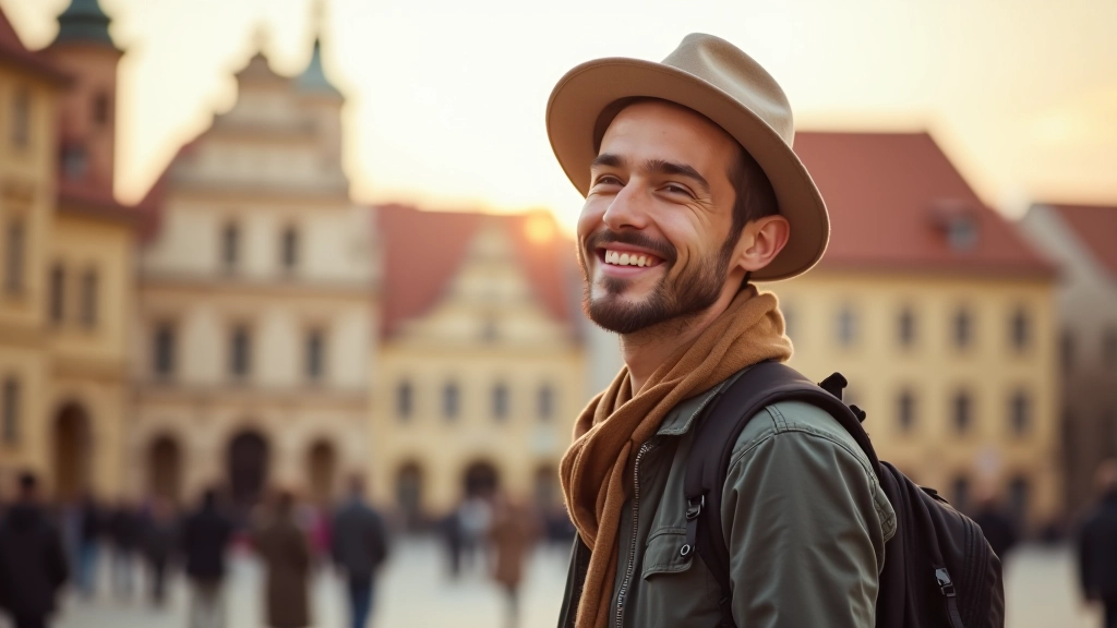 Cestovatel se usměje a vzhlédne k orientačnímu bodu v historickém městě, cítí se jistě a orientuje se