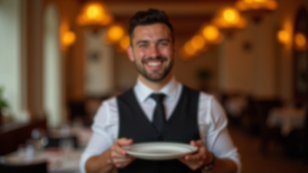 Číšník v restauraci nese talíř jídla, usmívá se, profesionální fotografie