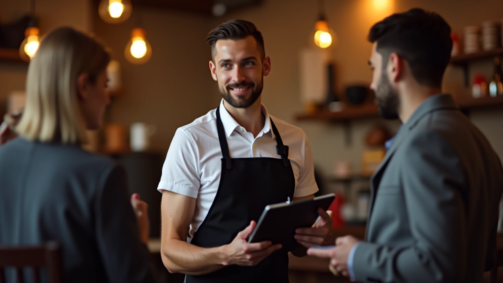 Server s poznámkovým blokem píšící objednávku od hostů u stolu