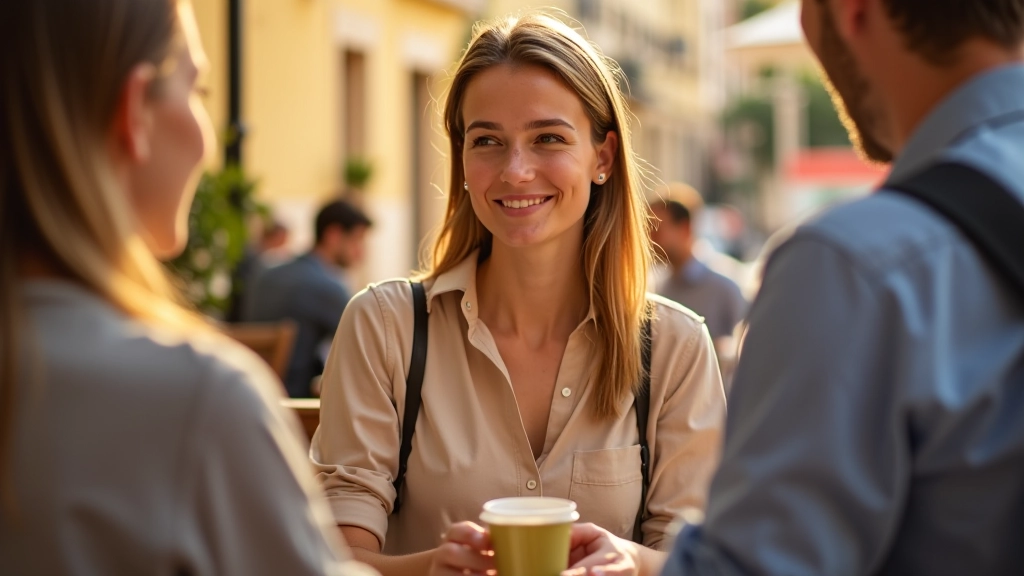 Žena v kavárně mluvící se serverem, cestovní průvodce na stole