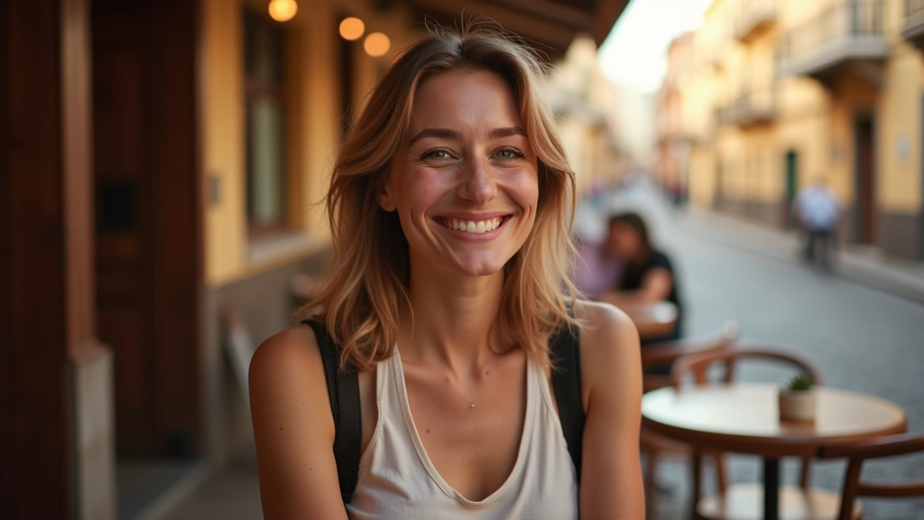 Žena se usmívá v kavárně v historickém městě, sedí s mapou a kávou