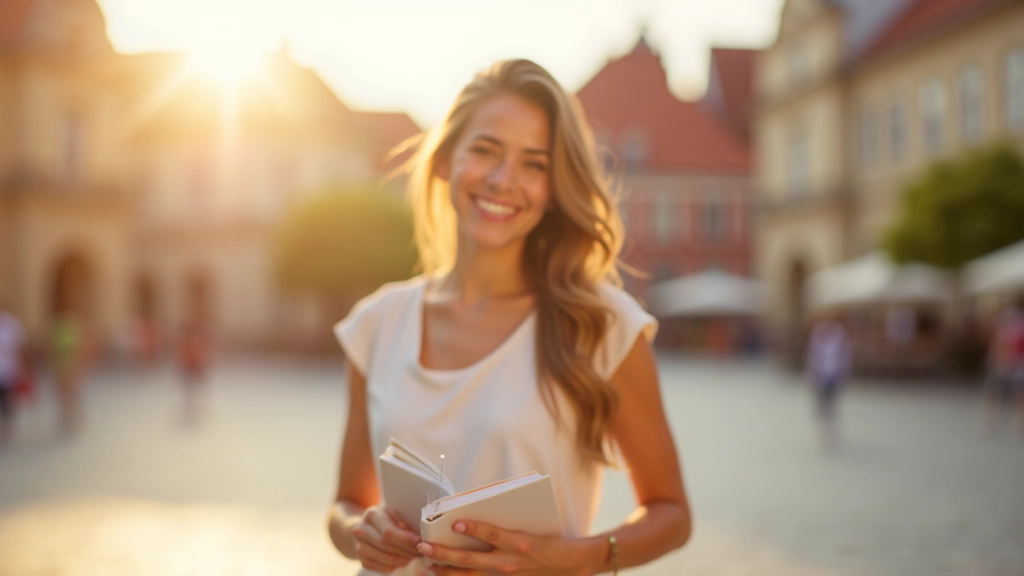 Cestovatelka v Plaza Mayor v Madridu, usmívající se, cestovní průvodce v ruce