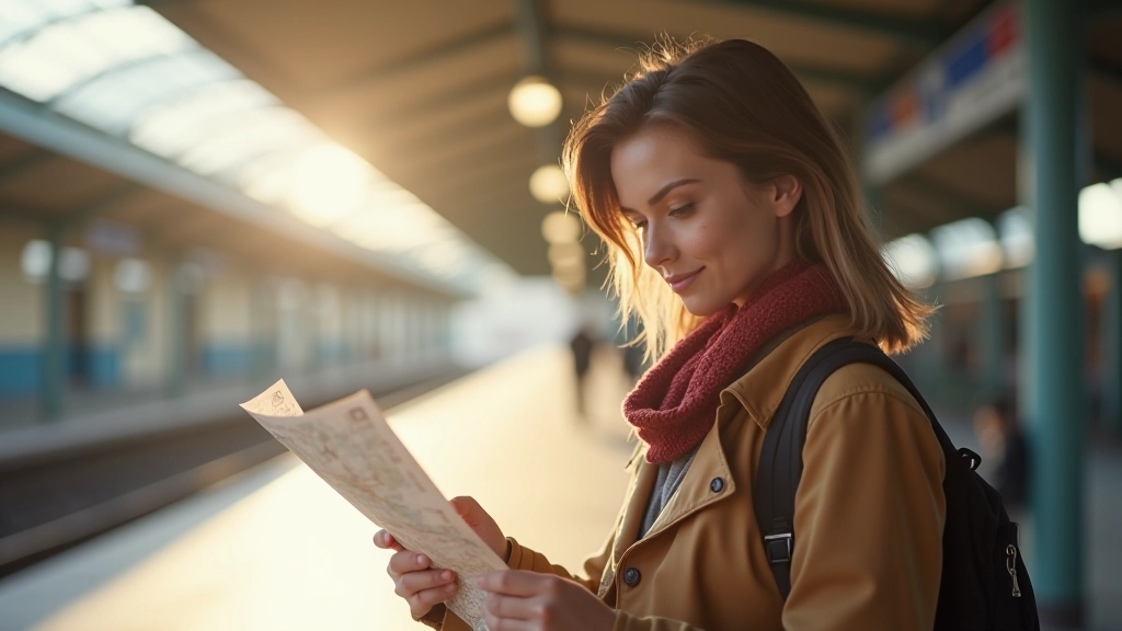 Mladá žena kouká na mapu na nádraží, slunečné počasí, cestovní atmosféra